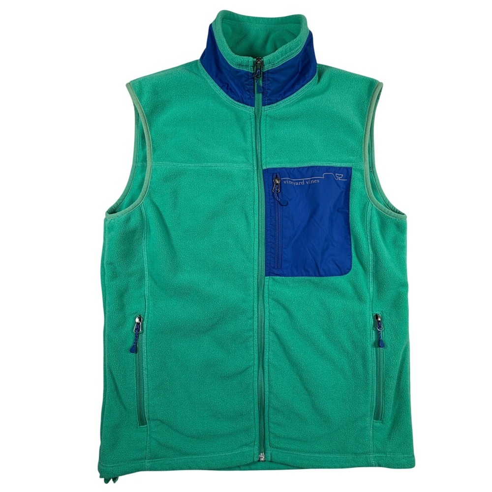 Vineyard‎ Vines Mens Full Zip Fleece Vest Green Blue Small Whale Logo Mock Neck